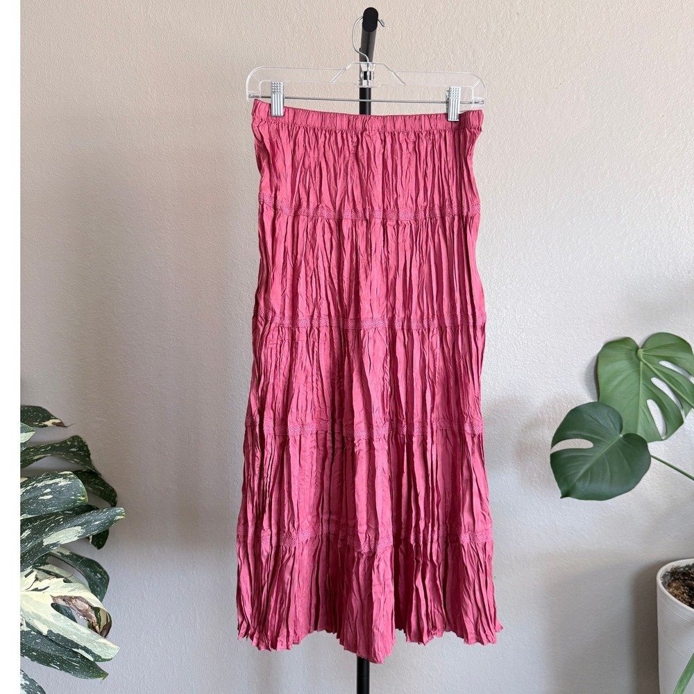 Garnet Hill 100% Silk Tiered Crinkle Maxi Skirt Pink Womens 8 Boho Cottagecore